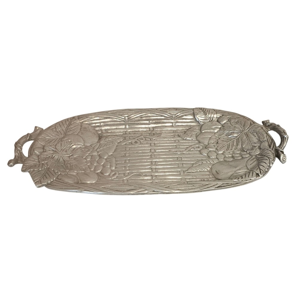 Fitz and Floyd Cast Aluminum Fruit Basketweave Oval Serving Tray with Handles - Picture 3 of 7